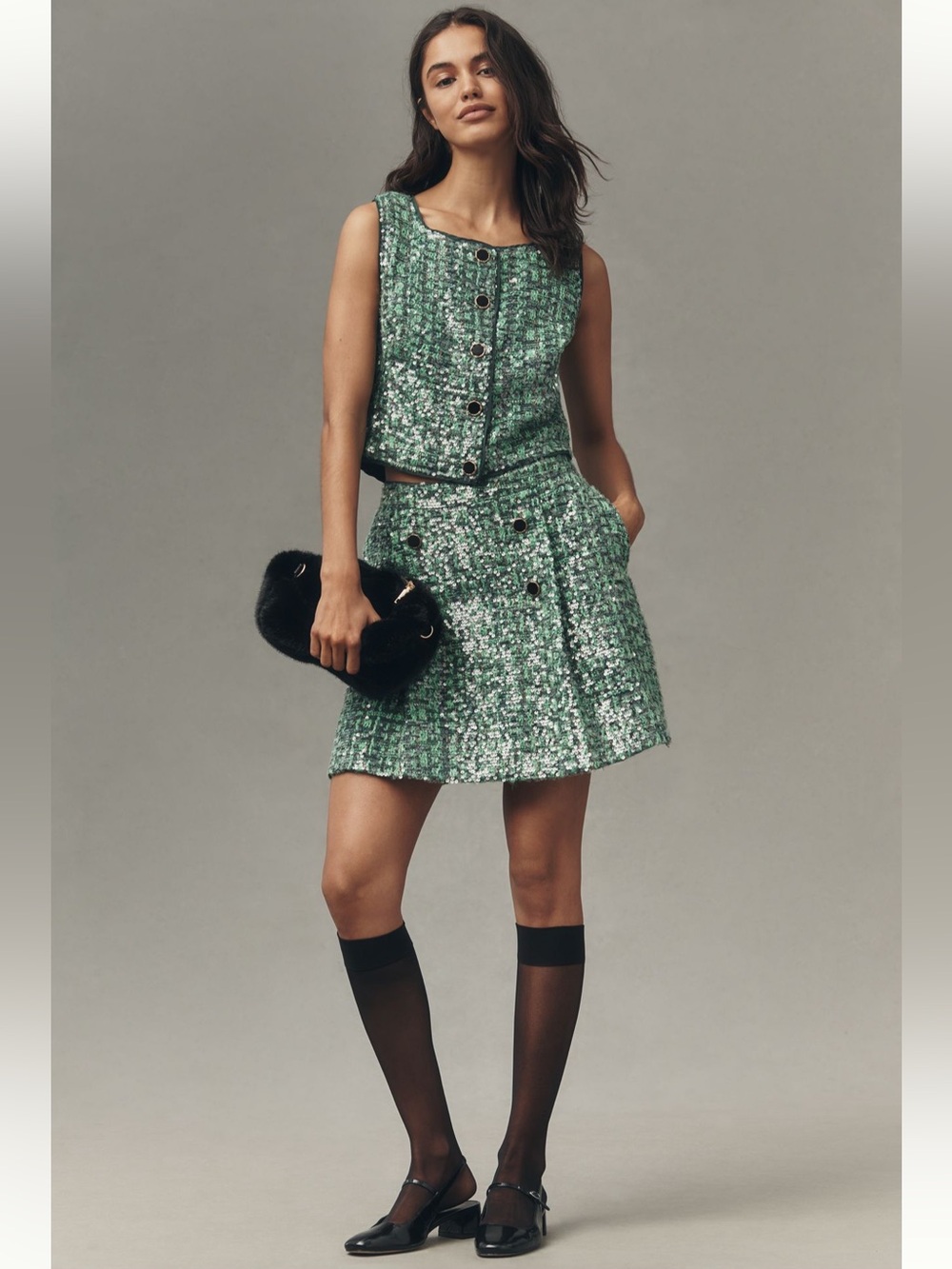 Anthropologie Maeve Sequin Tweed Mini Skirt and Vest Set - Sz M